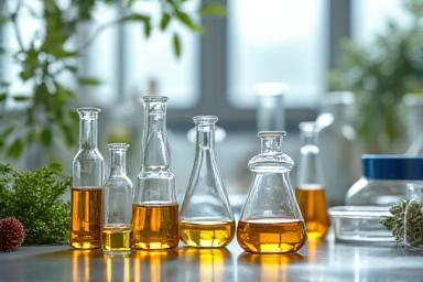 Laborglas und Pflanzenextrakte symbolisieren Forschung und Entwicklung.